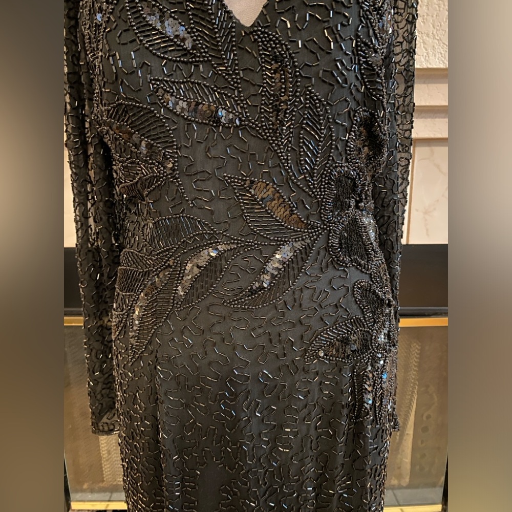 Jacqueline Ferrar Vintage Elegant Silk Beaded Mini Evening Dress, Black, Size 10 - Picture 3 of 11